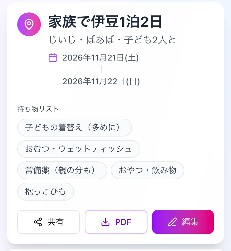 子ども向けの持ち物も入れた家族旅行のしおり