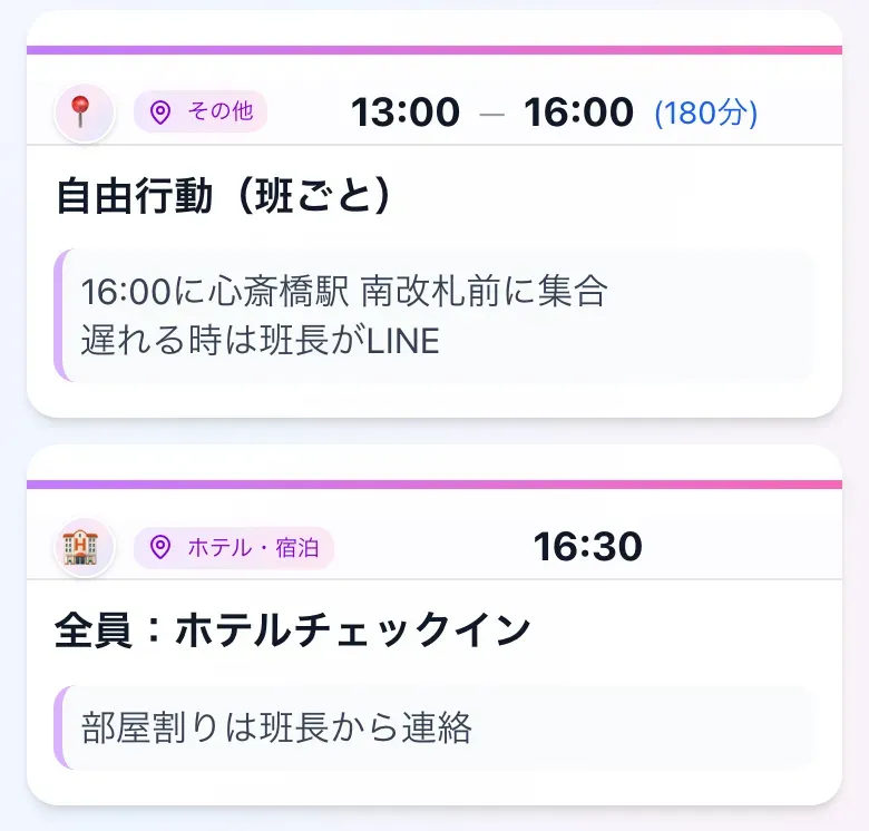 自由行動の予定に、終了時間と集合場所をセットで書いた例