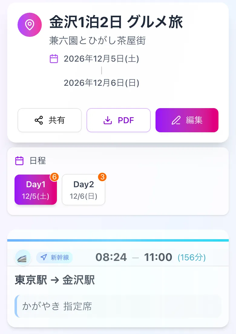 スマホで作った金沢1泊2日の旅のしおり